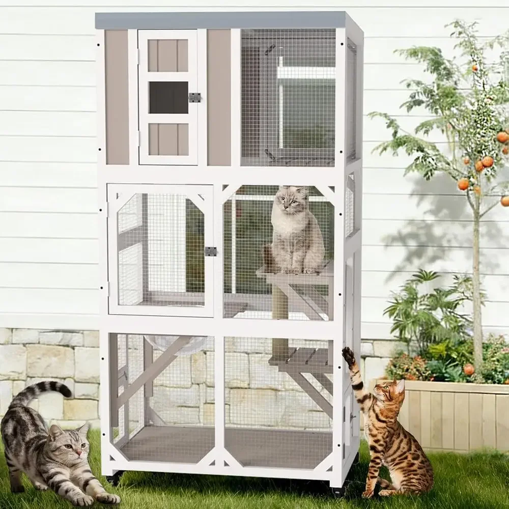 Cat Scratching Post - กรงแมวกลางแจ้งแบบมีล้อ พร้อมหน้าต่าง อุโมงค์ ประตูเข้าออก หลังคาถอดได้กันน้ำ เปลญวน