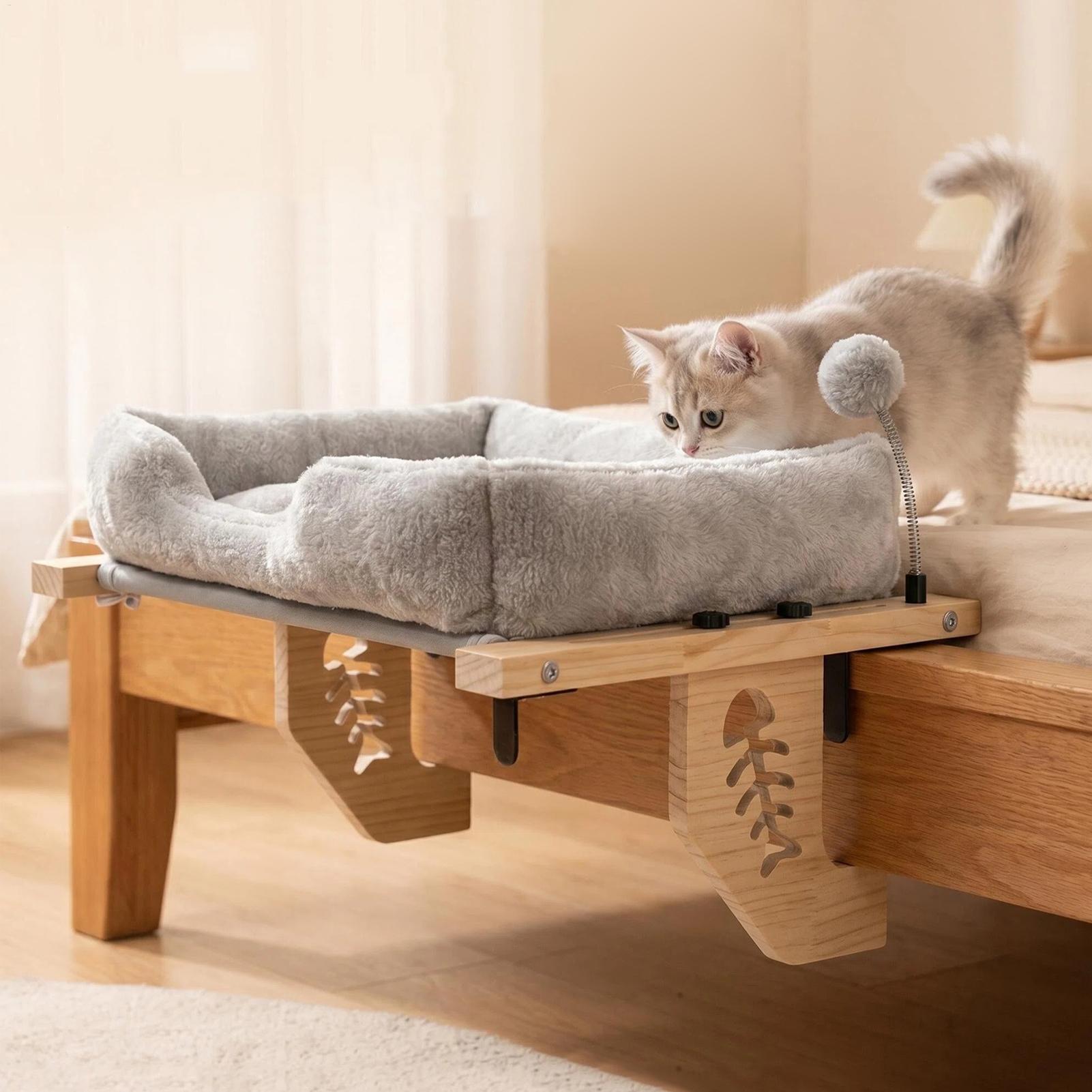 Cat Window Perch - ที่นั่งแมวบนหน้าต่างพร้อมเบาะกำมะหยี่และลูกบอล ที่พักผ่อนสำหรับลูกแมวบนขอบหน้าต่าง สำหรับบ้าน อพาร์ทเมนต์ หน้าต่างภายในบ้าน
