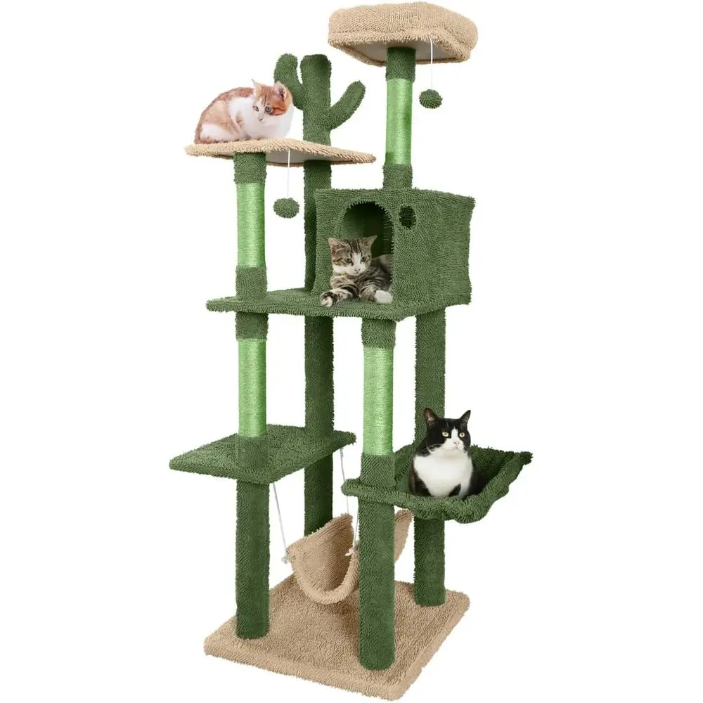 Cat Scratching Post - ต้นไม้แมวธีมกระบองเพชรแบบหลายชั้นขนาด 70 นิ้ว พร้อมที่นอนนุ่ม ที่ลับเล็บ และบ้านแมวสำหรับแมวตัวใหญ่และลูกแมว