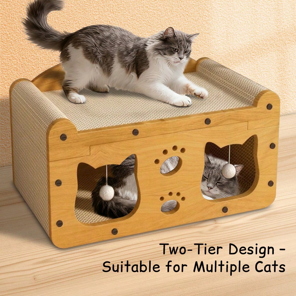 Cat Scratching Post - ที่ลับเล็บแมวสองชั้นสุดหรู - บ้านแมวทำจากกระดาษลูกฟูกที่ทนทาน พร้อมเตียงในร่มและสถานีดูแลอุ้งเท้า - ประกอบง่าย
