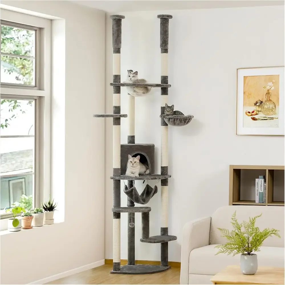 Cat Scratching Post - เสาแมวปรับระดับความสูงได้: บ้านเล่นกว้างขวาง, คอนโดแสนสบาย, เสาข่วนเล็บ, เปลนอนสำหรับแมวตัวใหญ่ในบ้าน, สีเทา