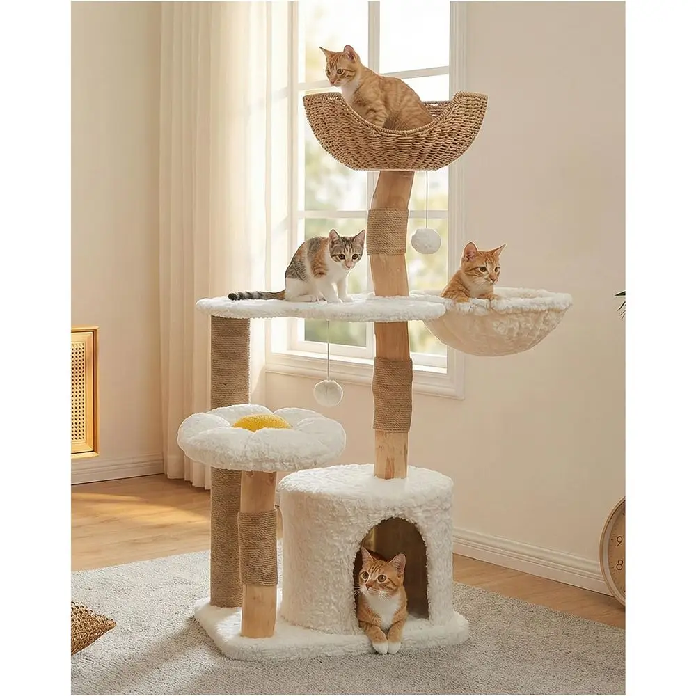 Cat Scratching Post - 48.5 ตู้แมวไม้เนื้อแข็งขนาดใหญ่พร้อมคอนโด, เปลญวน, เสาข่วน, ที่นอน และที่พัก,