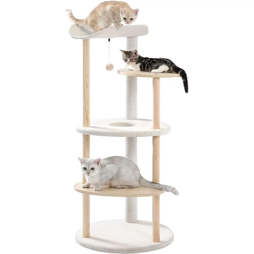 Cat Scratching Post - ต้นไม้แมวในร่มสีเบจ 5 ชั้น พร้อมเสาข่วนทำจากเส้นใยซิซาล