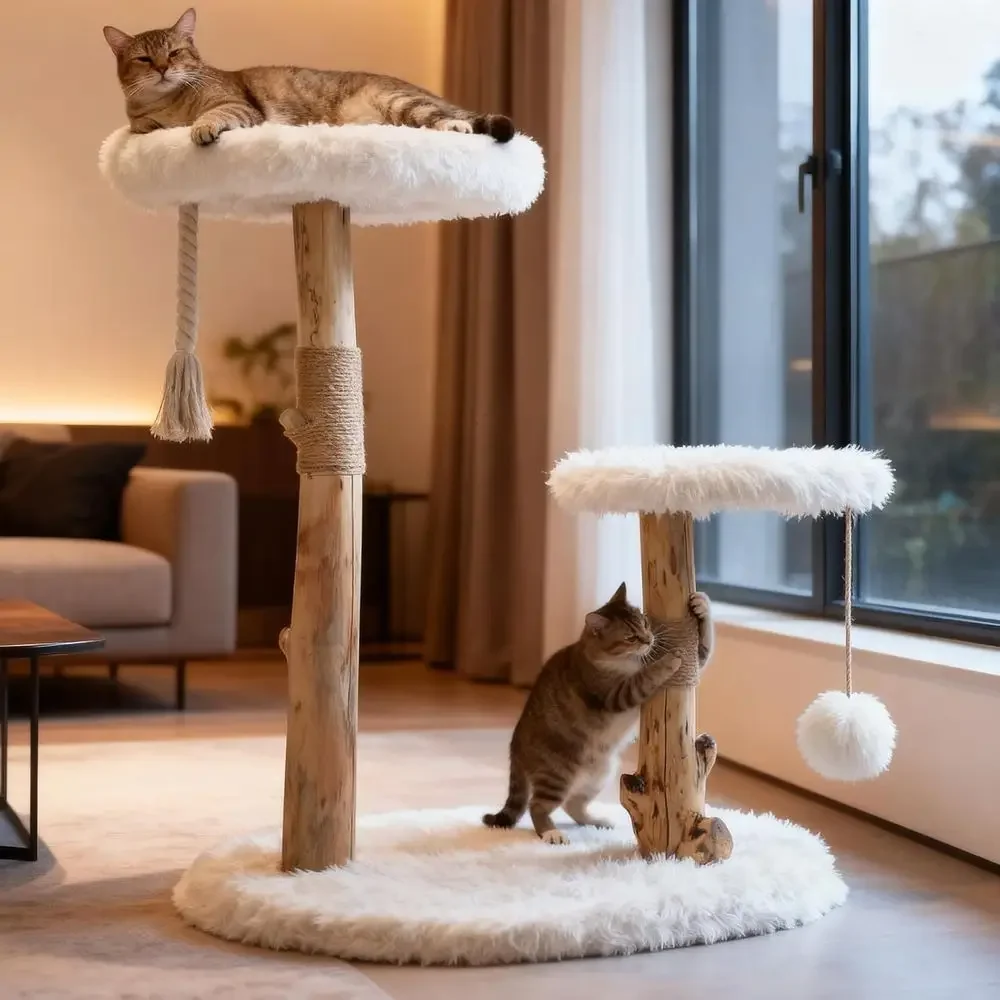 Cat Scratching Post - ต้นไม้แมวในบ้านพร้อมกิ่งไม้ธรรมชาติ เสาข่วนทำจากไซซอล ที่นั่งพักผ่อน และลูกบอลของเล่น สำหรับบ้านที่มีแมวหลายตัว