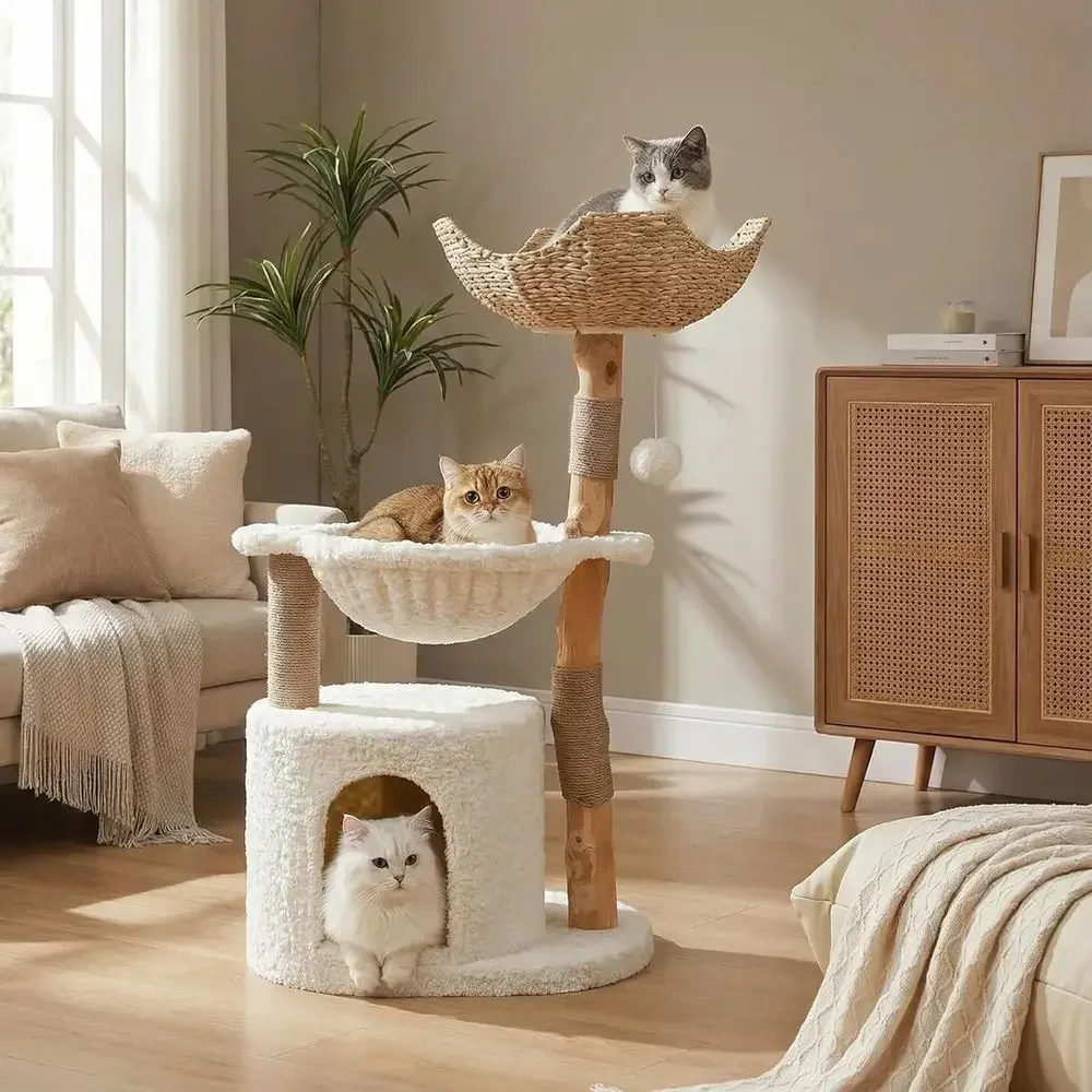 Cat Scratching Post - ต้นไม้แมวขนาดใหญ่ที่สะดวกสบายพร้อมเฟอร์นิเจอร์กิ่งไม้จริง, คอนโด, เปลนอน และเสาข่วนสำหรับแมวเลี้ยงในบ้าน