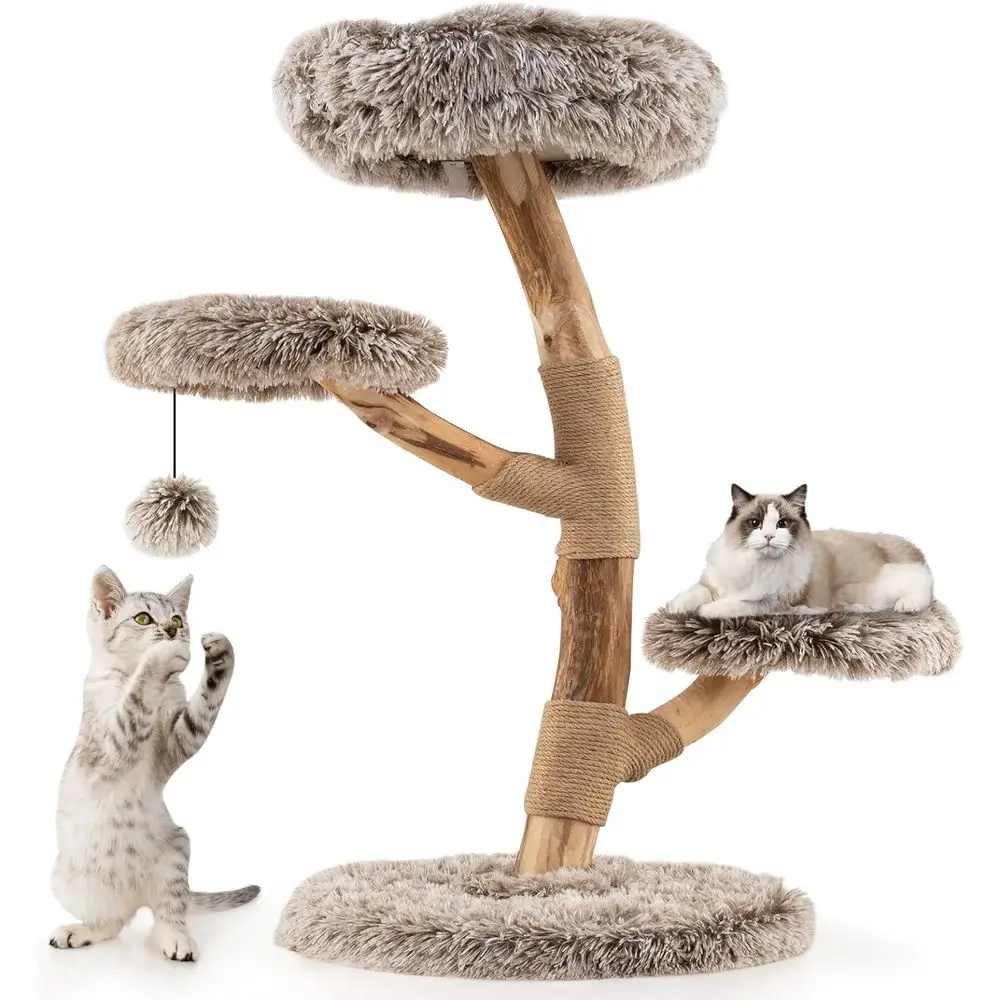 Cat Scratching Post - หอแมวไม้หลายชั้นพร้อมเสาข่วน, ที่นอนสบาย, 2 แพลตฟอร์ม, ลูกบอลห้อย, ของเล่นขนนุ่ม
