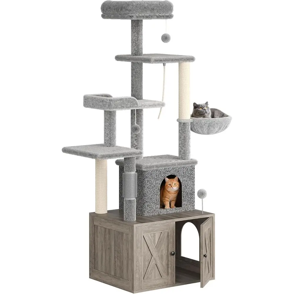 Cat Scratching Post - บ้านแมวหลายชั้นขนาดใหญ่พร้อมที่ปิดสำหรับกระบะทราย, คอนโด, เปลญวน, ที่นอน, เสาข่วน และลูกบอล