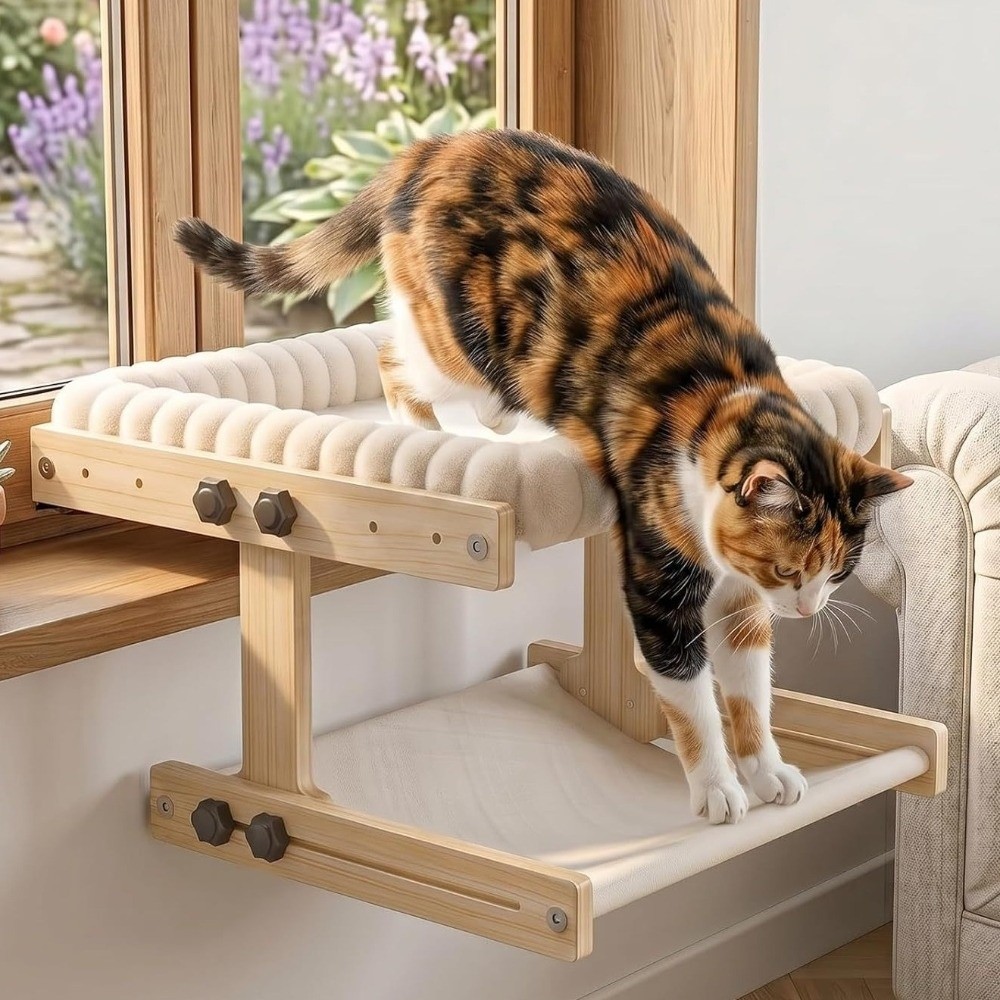 Cat Window Perch - ที่นอนแมวติดหน้าต่างแบบปรับได้ ประกอบง่าย โครงไม้ ถอดออกได้ พร้อมเบาะรองนอน สำหรับใช้ในบ้าน