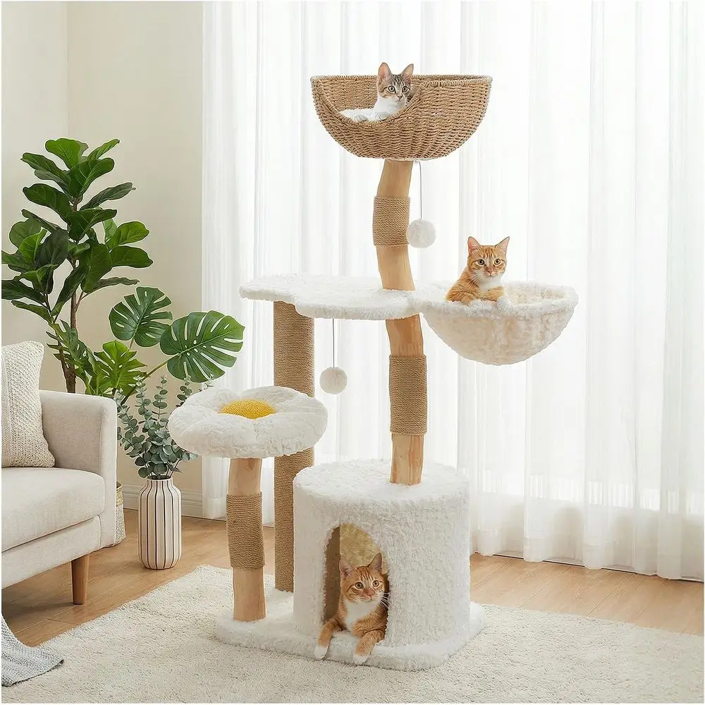 Cat Scratching Post - เสาแมวไม้เนื้อแข็งสูง 48.5 นิ้ว พร้อมคอนโดหรูหรา, เปลญวน, เสาข่วน,