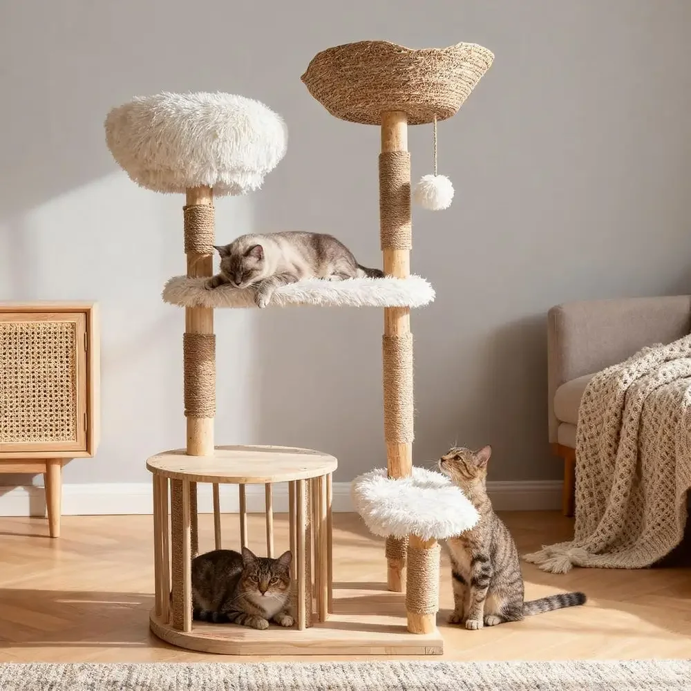 Cat Scratching Post - เสาแมวไม้ธรรมชาติพร้อมเสาข่วนซิซาลและที่นอนหวายสำหรับบ้านที่มีแมวหลายตัว