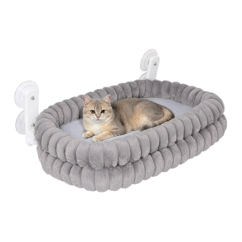 Cat Window Perch - ที่นอนแมวแบบหนาสองชั้น ผ้าพลัช ติดผนังหน้าต่าง พร้อมถ้วยดูดสุญญากาศแข็งแรง ล้างทำความสะอาดได้ ที่นอนสัตว์เลี้ยงแสนสบาย