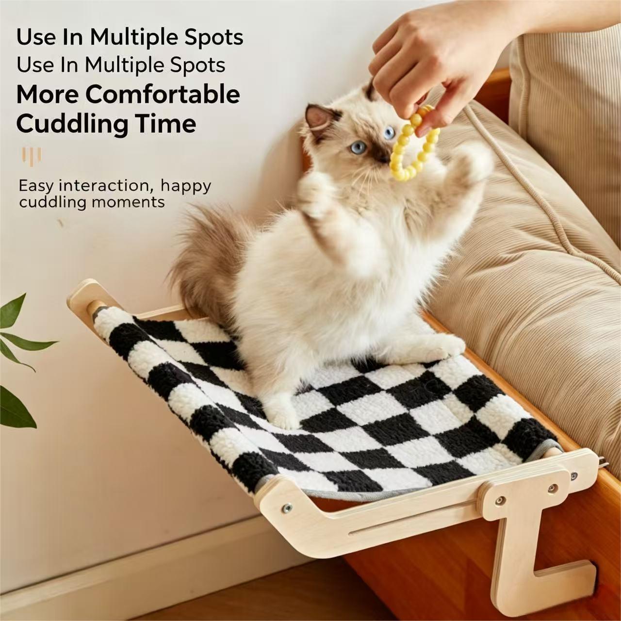 Cat Window Perch - ที่นอนแมวแบบแขวนปรับระดับได้ ทำจากไม้ สำหรับติดตั้งบนหน้าต่าง โครงเตียง ระเบียง ชั้นวางสำหรับแมวอาบแดด